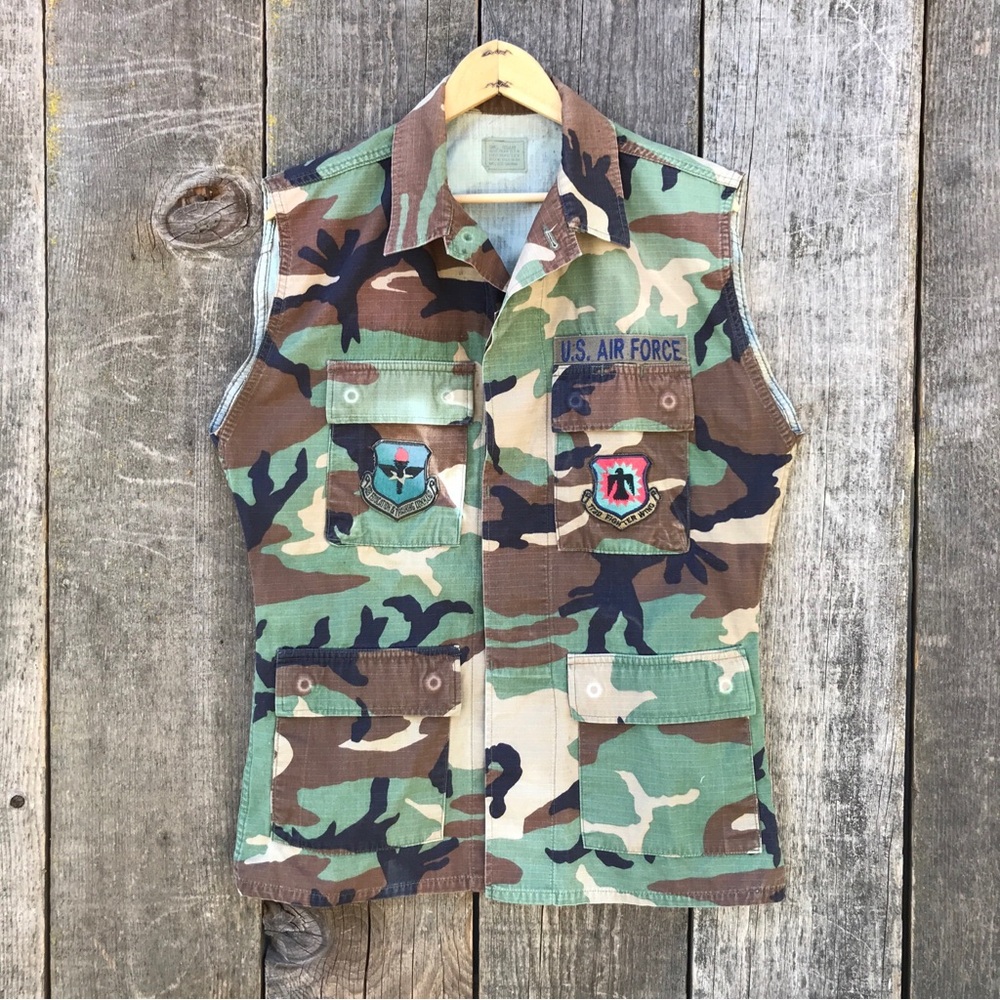 Vintage U.S. Air Force Woodland Camo BDU Cut Off Sleeve Vest Small Regular
